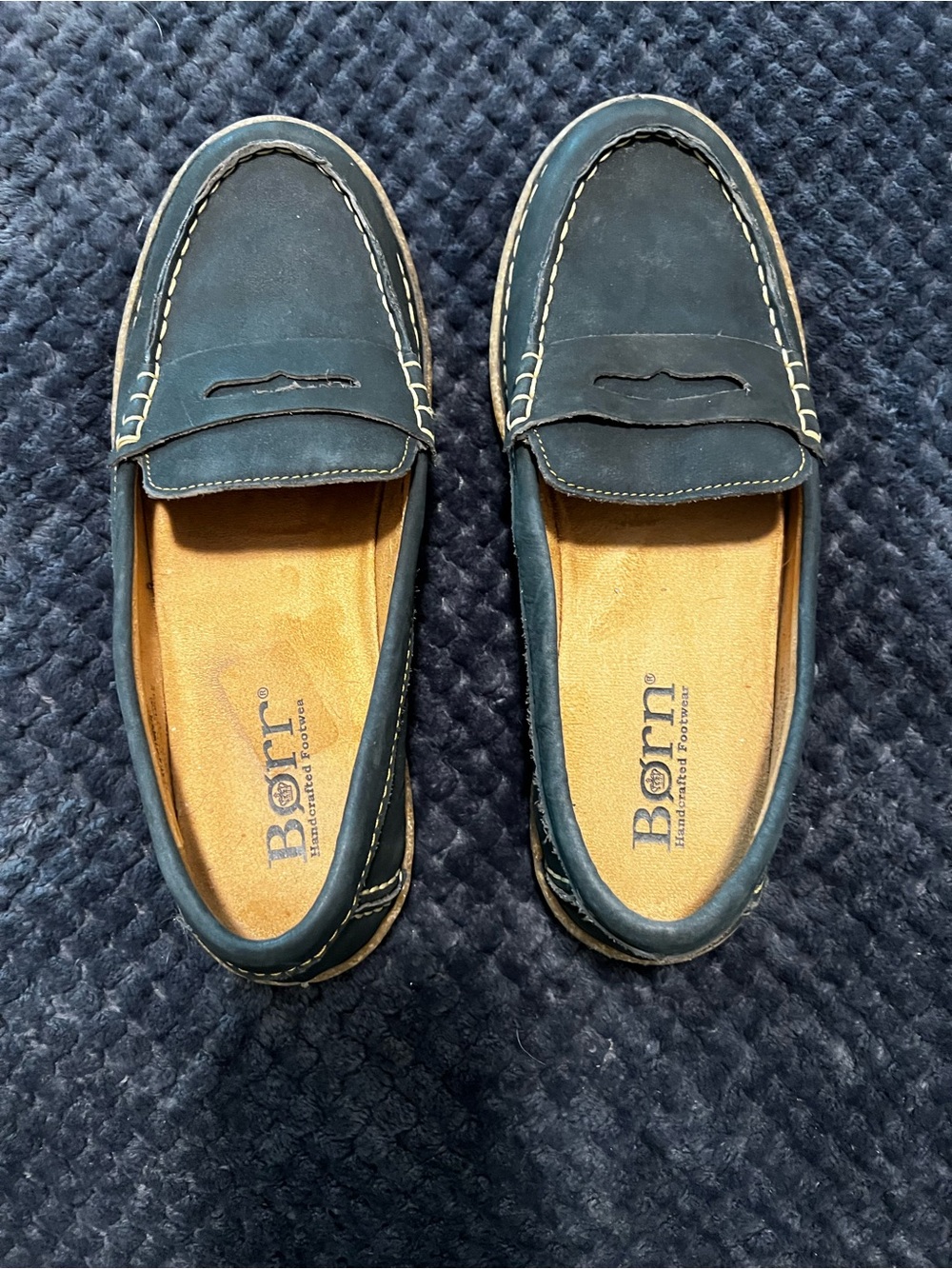 Born Navy Blue Leather Penny Loafers with Tan Insoles